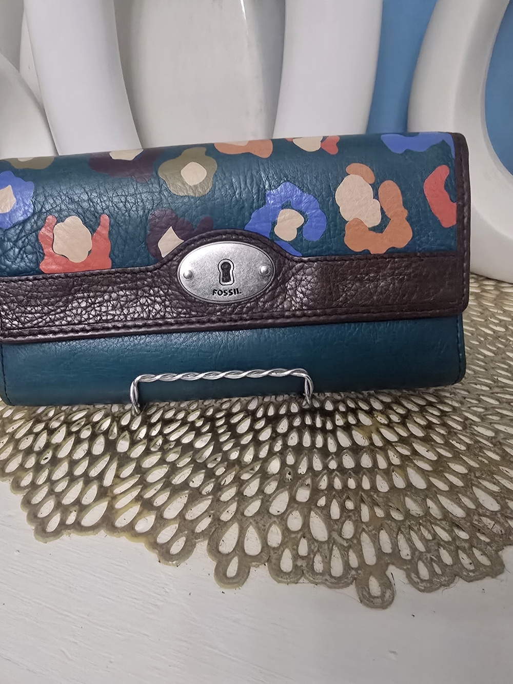 Fossil Teal Floral Leather Wallet